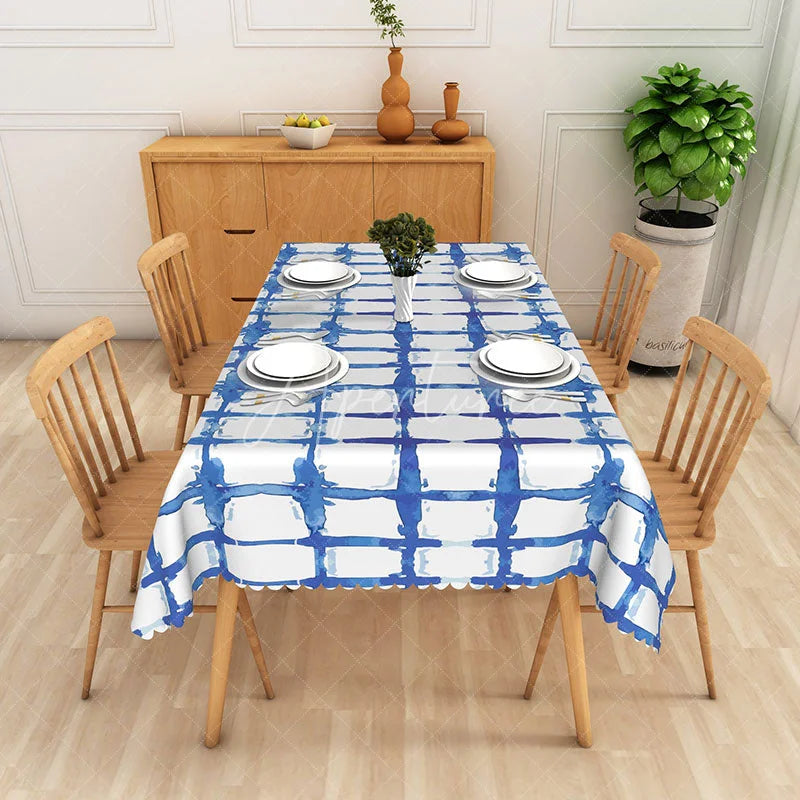 Aperturee - Aperturee Modern Blue Watercolor Grid Rectangle Tablecloth Abstract Brushstroke Design for Dining Kitchen Decor