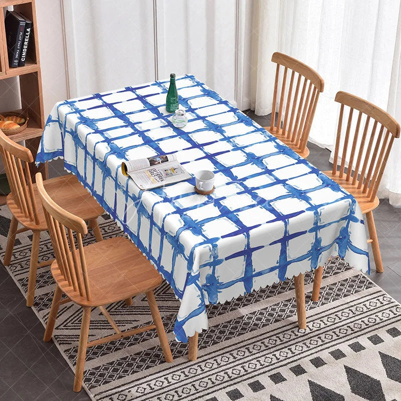 Aperturee - Aperturee Modern Blue Watercolor Grid Rectangle Tablecloth Abstract Brushstroke Design for Dining Kitchen Decor