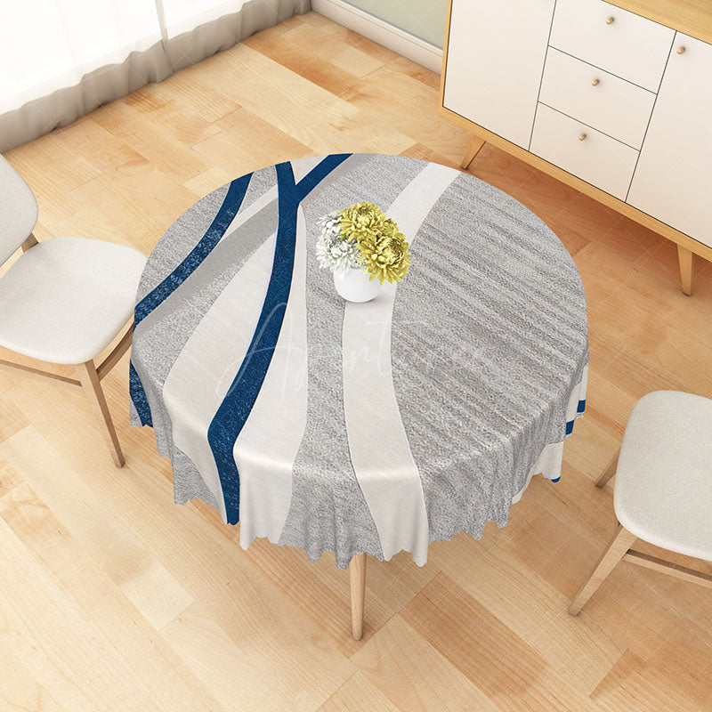 Aperturee - Aperturee Modern Blue White and Gray Stripe Round Tablecloth for Coastal and Contemporary Kitchen Decor