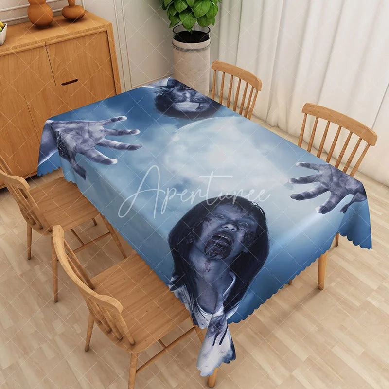 Aperturee - Aperturee Modern Blue Zombie Pattern Rectangle Tablecloth for Halloween and Walking Dead Themed Party Decorations