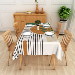 Aperturee - Aperturee Modern Boho Abstract Rectangle Tablecloth Geometric Black Stripes and Green Leaves Design