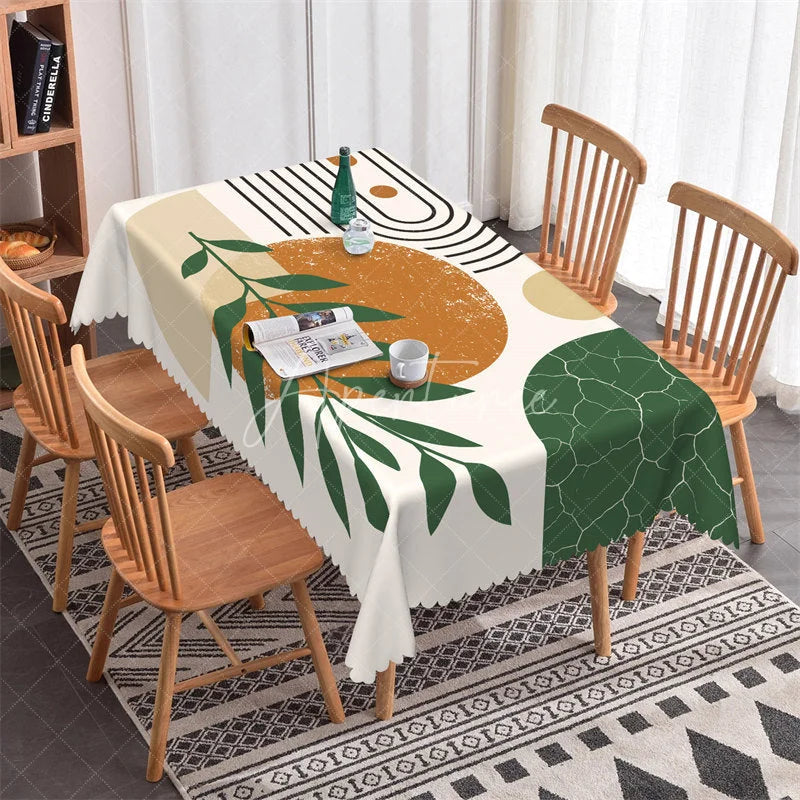 Aperturee - Aperturee Modern Boho Abstract Rectangle Tablecloth Geometric Black Stripes and Green Leaves Design