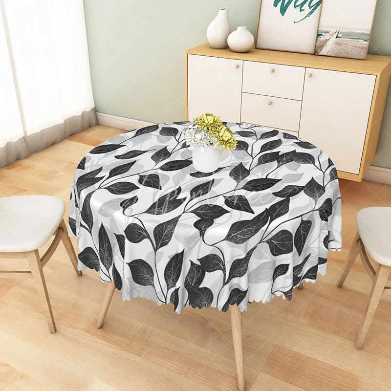 Aperturee - Aperturee Modern Botanical Round Tablecloth with Black and White Leaf Stripes for Minimalist Farmhouse Decor