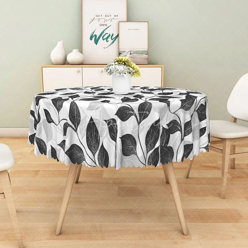 Aperturee - Aperturee Modern Botanical Round Tablecloth with Black and White Leaf Stripes for Minimalist Farmhouse Decor