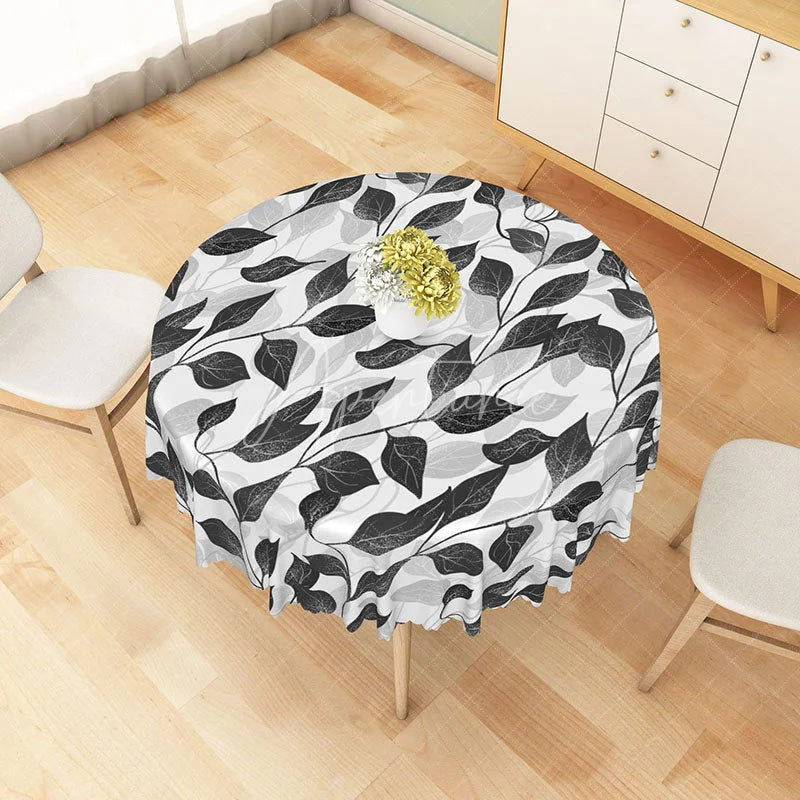 Aperturee - Aperturee Modern Botanical Round Tablecloth with Black and White Leaf Stripes for Minimalist Farmhouse Decor