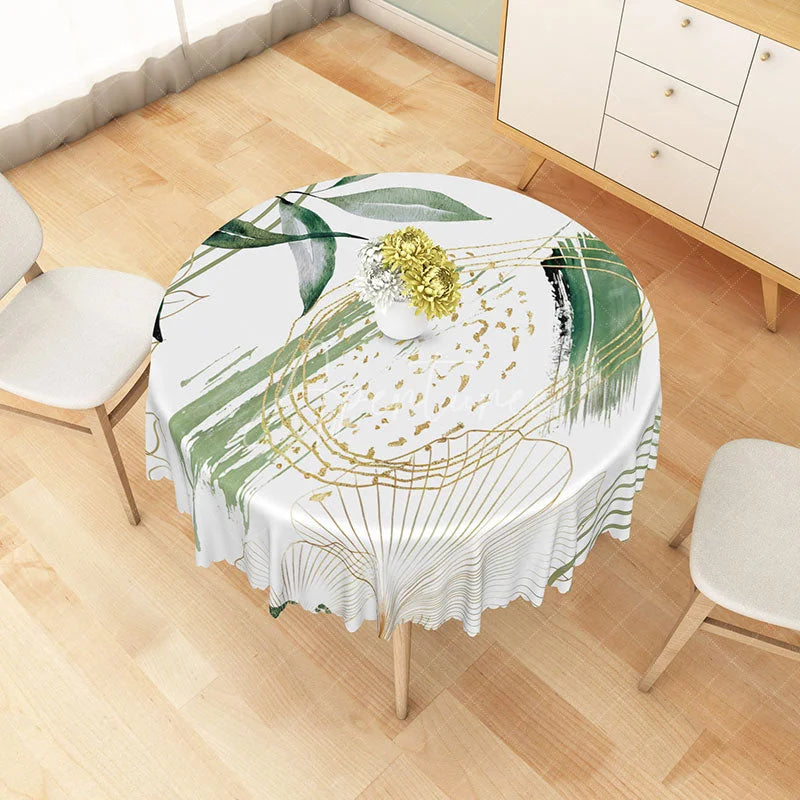 Aperturee - Aperturee Modern Botanical Round Tablecloth with White Green and Gold Leaves for Elegant Holiday Dining Decor
