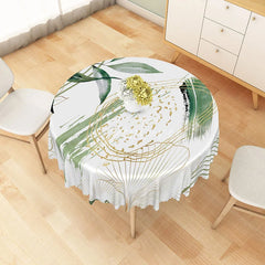 Aperturee - Aperturee Modern Botanical Round Tablecloth with White Green and Gold Leaves for Elegant Holiday Dining Decor