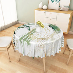 Aperturee - Aperturee Modern Botanical Round Tablecloth with White Green and Gold Leaves for Elegant Holiday Dining Decor