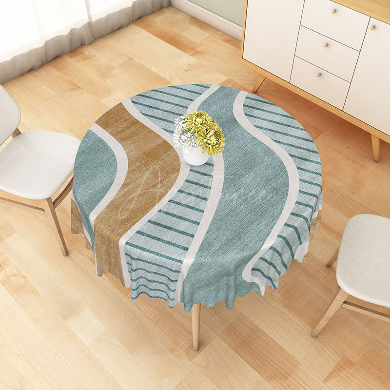 Aperturee - Aperturee Modern Brown and Green Striped Round Tablecloth for Earth Tone and Neutral Contemporary Decor