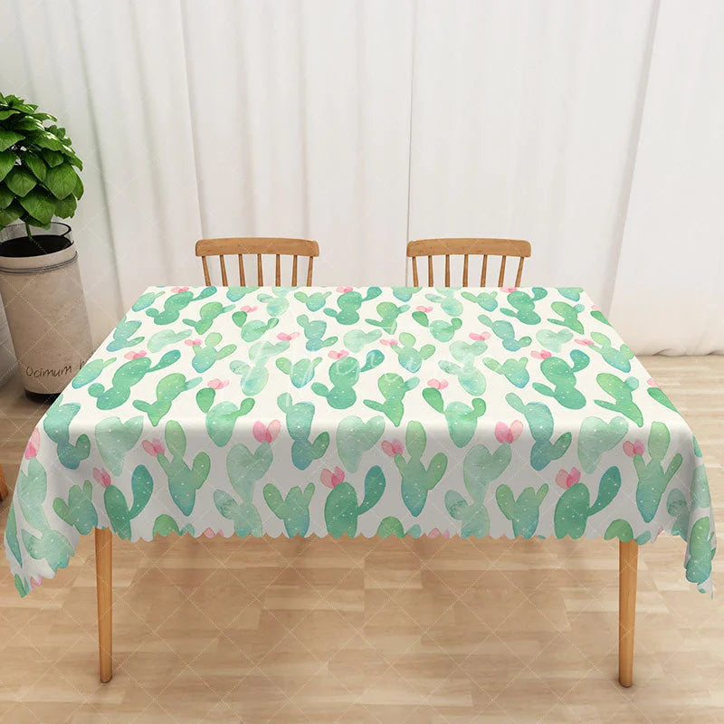 Aperturee - Aperturee Modern Cactus Tablecloth with Green Succulent Pattern on White for Southwest or Fiesta Themed Party
