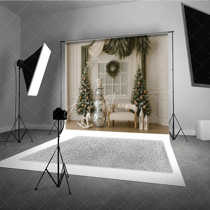 Aperturee - Aperturee Modern Christmas Backdrop Disco Ball Snowman Green Curtain Background Chic Winter Holiday Party Photography Prop