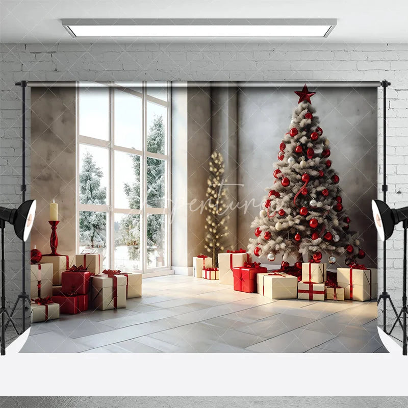 Aperturee - Aperturee Modern Christmas Backdrop Living Room Window Red Tree Photography Background Winter Snow View Holiday Party Decoration