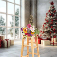 Aperturee - Aperturee Modern Christmas Backdrop Living Room Window Red Tree Photography Background Winter Snow View Holiday Party Decoration