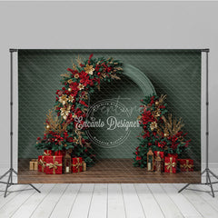 Aperturee - Aperturee Modern Christmas Floral Arch Photography Backdrop Red and Gold Poinsettia Half-Arch Elegant Holiday Photo Background