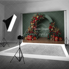 Aperturee - Aperturee Modern Christmas Floral Arch Photography Backdrop Red and Gold Poinsettia Half-Arch Elegant Holiday Photo Background