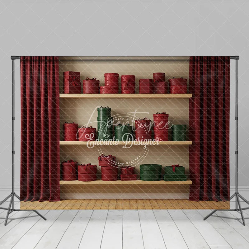 Aperturee - Aperturee Modern Christmas Gift Wall Photography Backdrop Shelves of Red and Green Presents Holiday Boutique Photo Background