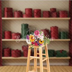 Aperturee - Aperturee Modern Christmas Gift Wall Photography Backdrop Shelves of Red and Green Presents Holiday Boutique Photo Background
