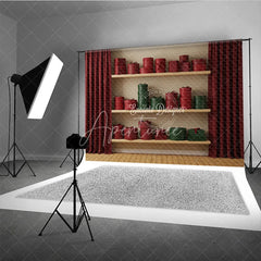 Aperturee - Aperturee Modern Christmas Gift Wall Photography Backdrop Shelves of Red and Green Presents Holiday Boutique Photo Background
