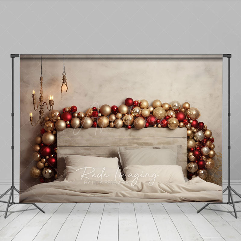 Aperturee Aperturee Modern Christmas Headboard Photography Backdrop Red and Gold Balloon Garland Rustic Chic Bedroom Photo Prop
