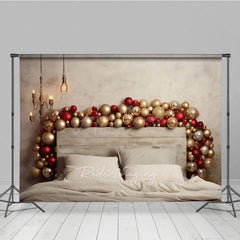 Aperturee Aperturee Modern Christmas Headboard Photography Backdrop Red and Gold Balloon Garland Rustic Chic Bedroom Photo Prop