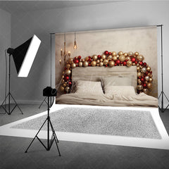 Aperturee Aperturee Modern Christmas Headboard Photography Backdrop Red and Gold Balloon Garland Rustic Chic Bedroom Photo Prop