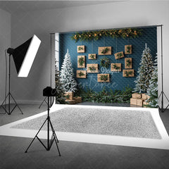 Aperturee - Aperturee Modern Christmas Photography Backdrop Blue Wall with Hanging Kraft Paper Presents Flocked Trees Holiday Background
