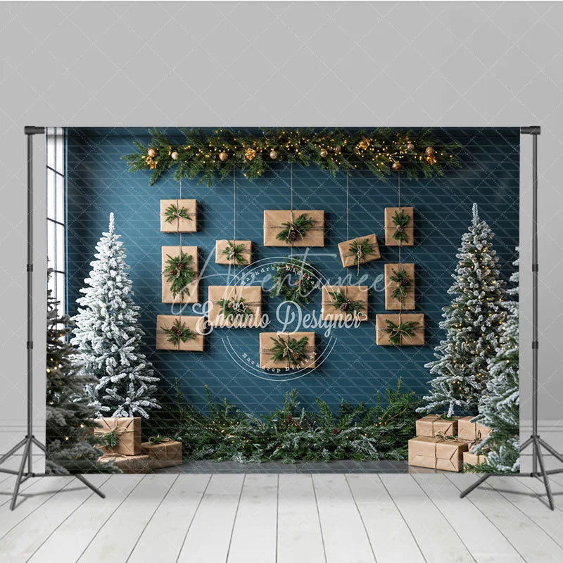 Aperturee - Aperturee Modern Christmas Photography Backdrop Blue Wall with Hanging Kraft Paper Presents Flocked Trees Holiday Background