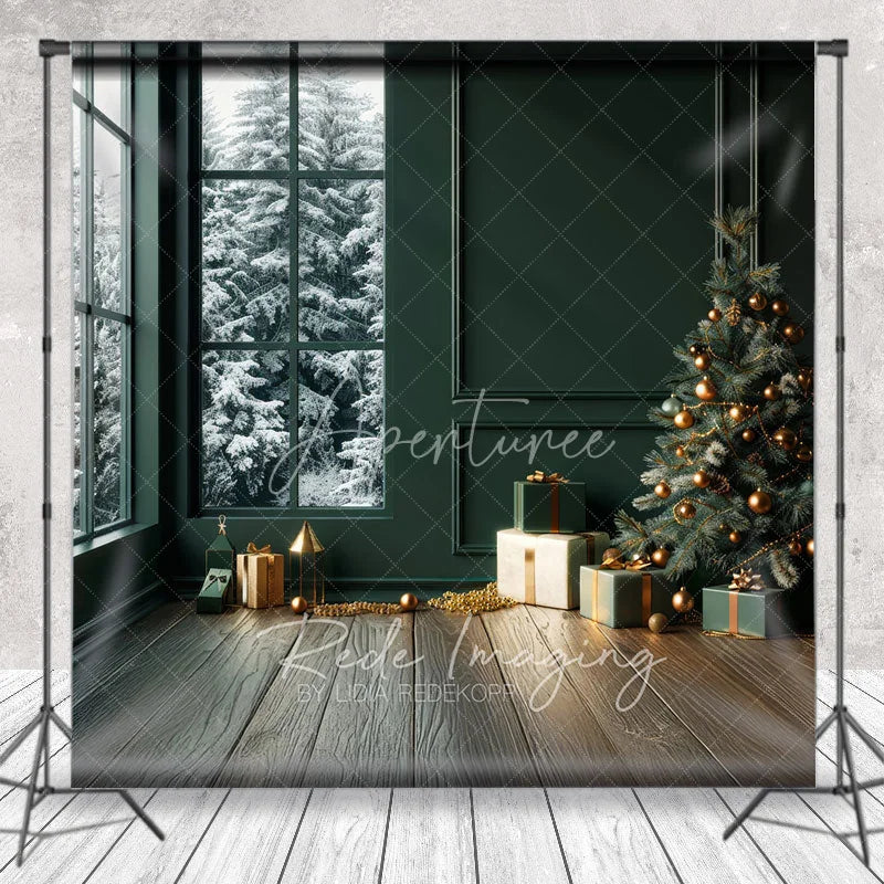 Aperturee - Aperturee Modern Christmas Photography Backdrop Dark Green Room with Snowy Window Minimalist Holiday Tree Background