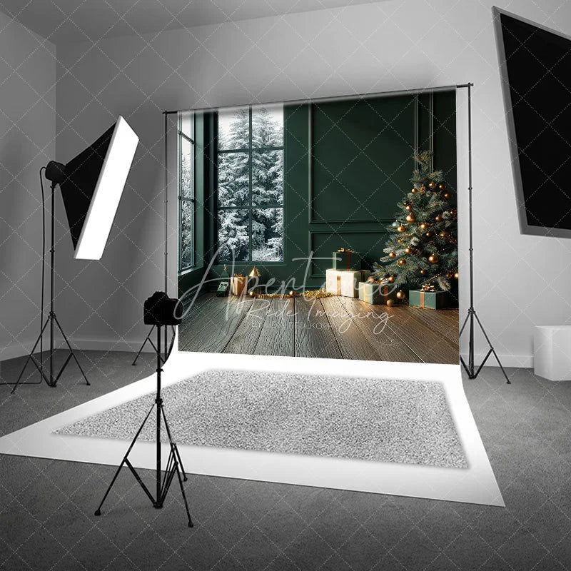 Aperturee - Aperturee Modern Christmas Photography Backdrop Dark Green Room with Snowy Window Minimalist Holiday Tree Background