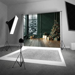 Aperturee - Aperturee Modern Christmas Photography Backdrop Dark Green Room with Snowy Window Minimalist Holiday Tree Background