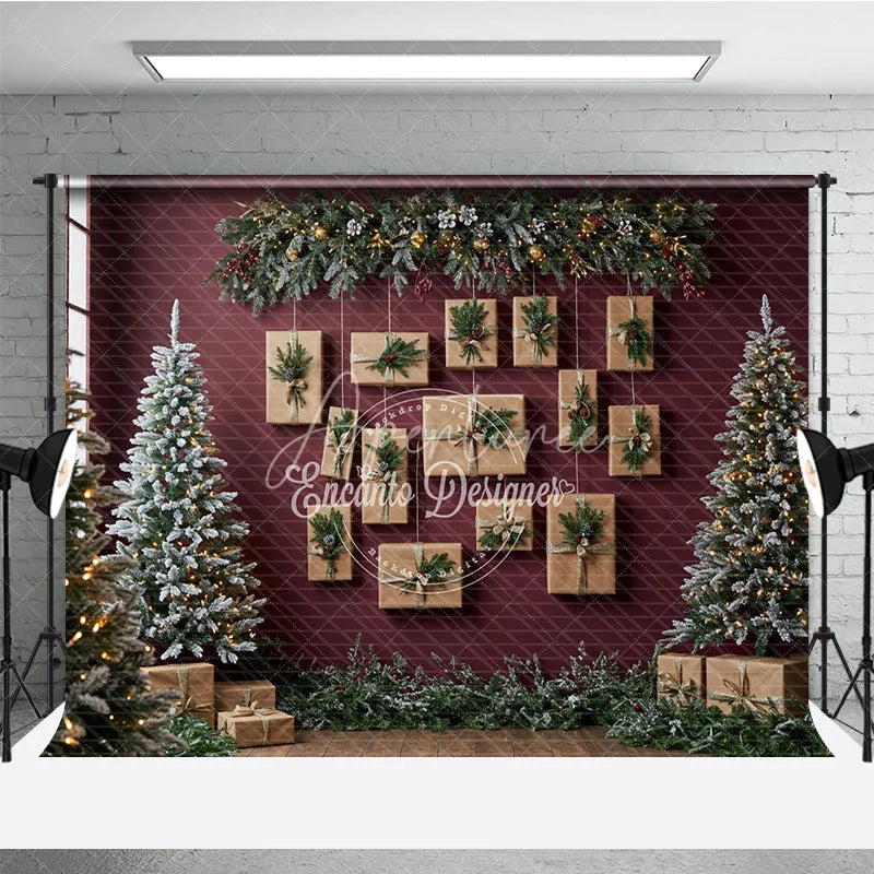 Aperturee - Aperturee Modern Christmas Photography Backdrop Red Wall with Hanging Kraft Paper Presents Flocked Trees Holiday Background