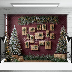Aperturee - Aperturee Modern Christmas Photography Backdrop Red Wall with Hanging Kraft Paper Presents Flocked Trees Holiday Background