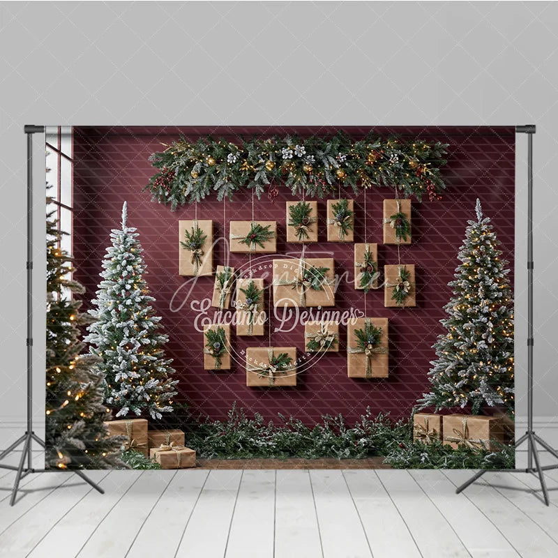 Aperturee - Aperturee Modern Christmas Photography Backdrop Red Wall with Hanging Kraft Paper Presents Flocked Trees Holiday Background