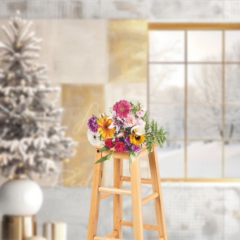 Aperturee Aperturee Modern Christmas Photography Backdrop Window with Snowy Scene and Frosted Tree Neutral Holiday Studio Photo Prop