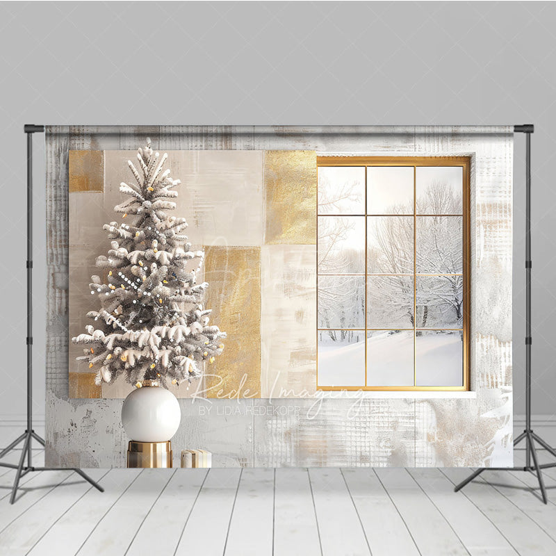 Aperturee Aperturee Modern Christmas Photography Backdrop Window with Snowy Scene and Frosted Tree Neutral Holiday Studio Photo Prop