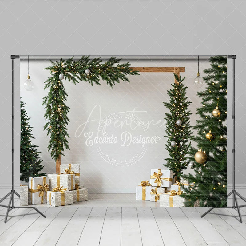 Aperturee - Aperturee Modern Christmas Photography Backdrop Wood Arch with Garland and Trees Minimalist Holiday Photo Background