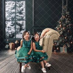 Aperturee - Aperturee Modern Christmas Room Sweep Backdrop Dark Green Wall with Snowy Window Holiday Mini Session Floor Drop
