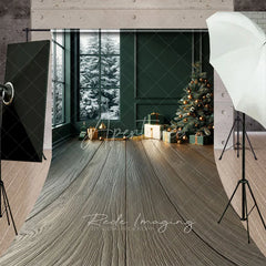 Aperturee - Aperturee Modern Christmas Room Sweep Backdrop Dark Green Wall with Snowy Window Holiday Mini Session Floor Drop