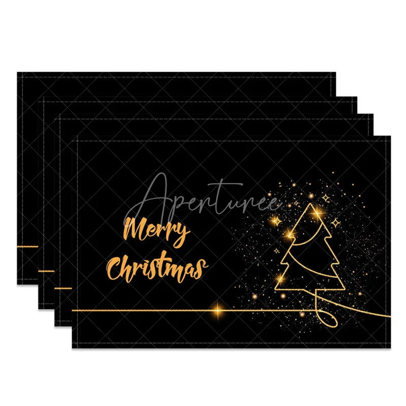 Aperturee - Aperturee Modern Christmas Set of 4 Placemats Black and Gold Sparkling Tree Elegant Holiday Table Mats Decor