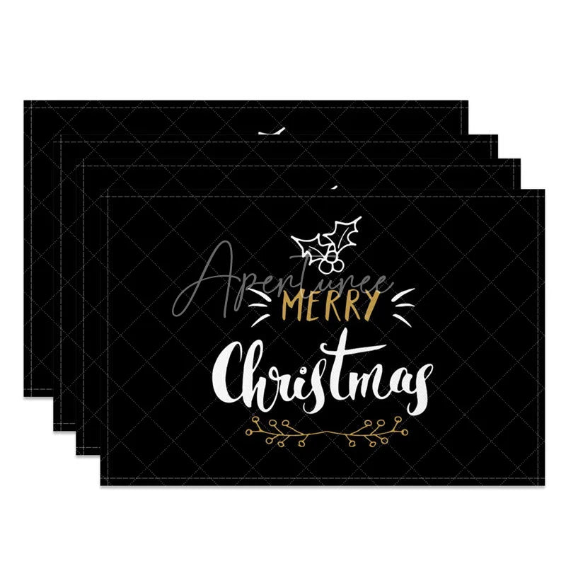 Aperturee - Aperturee Modern Christmas Set of 4 Placemats Merry Christmas Script Minimalist Black and Gold Table Mats
