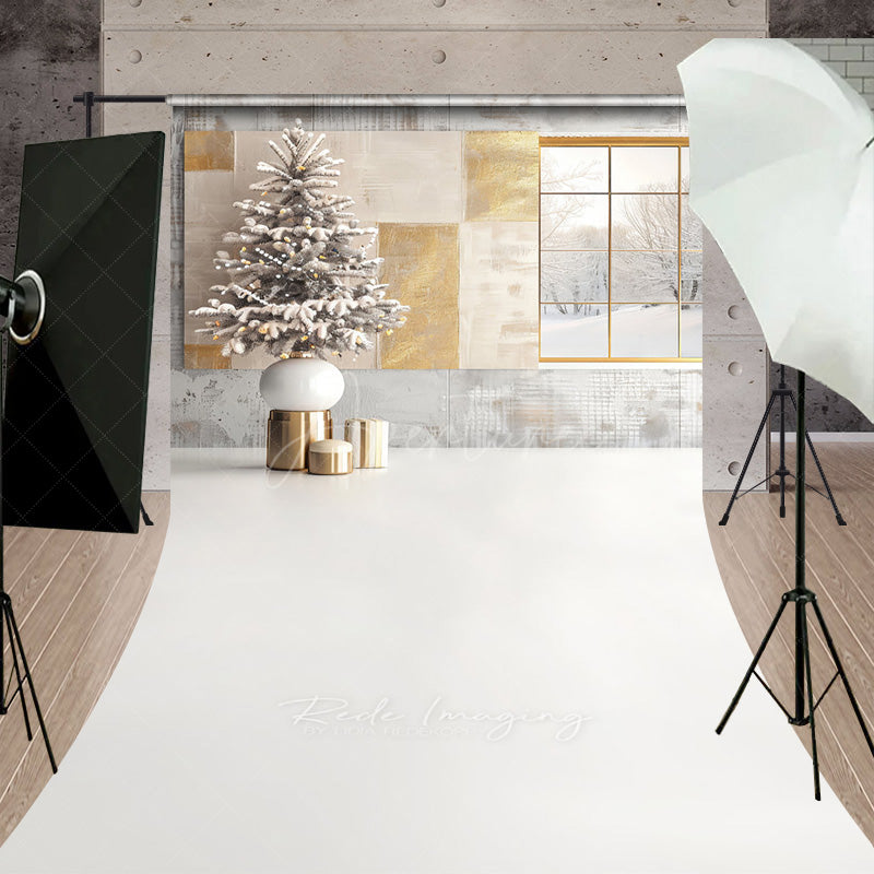 Aperturee Aperturee Modern Christmas Sweep Photo Backdrop Window with Snowy View and Frosted Tree Neutral Holiday Studio Prop