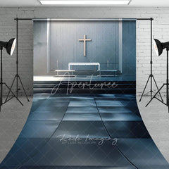 Aperturee - Aperturee Modern Church Interior Backdrop Minimalist Altar and Wooden Cross Religious Scene Sacred Ceremony Background