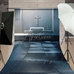 Aperturee - Aperturee Modern Church Interior Backdrop Minimalist Altar and Wooden Cross Religious Scene Sacred Ceremony Background