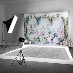 Aperturee - Aperturee Modern Easter Bunny Arch Backdrop Pink Peony and Spring Greenery Party Decoration