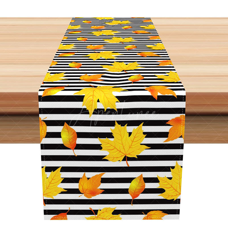Aperturee - Aperturee Modern Fall Table Runner with Yellow Maple Leaves and Black White Stripes for Autumn Dining Decor