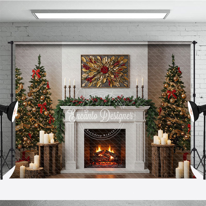 Aperturee - Aperturee Modern Farmhouse Christmas Fireplace Photography Backdrop White Mantle with Trees Rustic Holiday Background