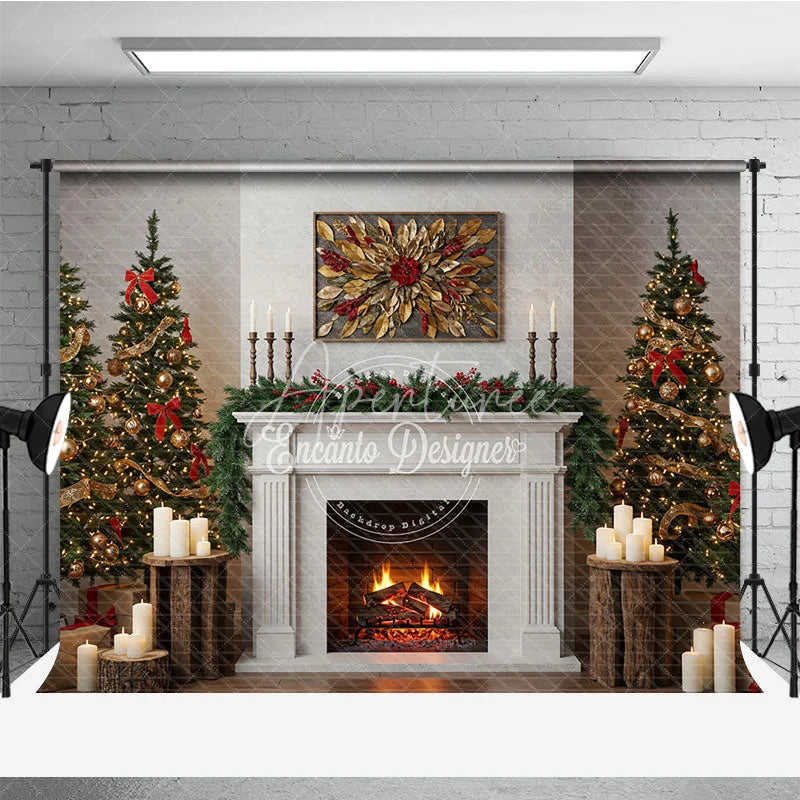 Aperturee - Aperturee Modern Farmhouse Christmas Fireplace Photography Backdrop White Mantle with Trees Rustic Holiday Background