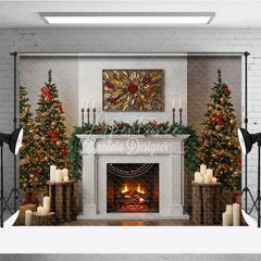 Aperturee - Aperturee Modern Farmhouse Christmas Fireplace Photography Backdrop White Mantle with Trees Rustic Holiday Background