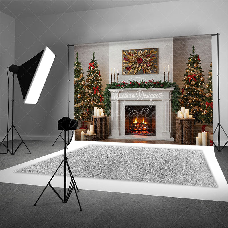 Aperturee - Aperturee Modern Farmhouse Christmas Fireplace Photography Backdrop White Mantle with Trees Rustic Holiday Background