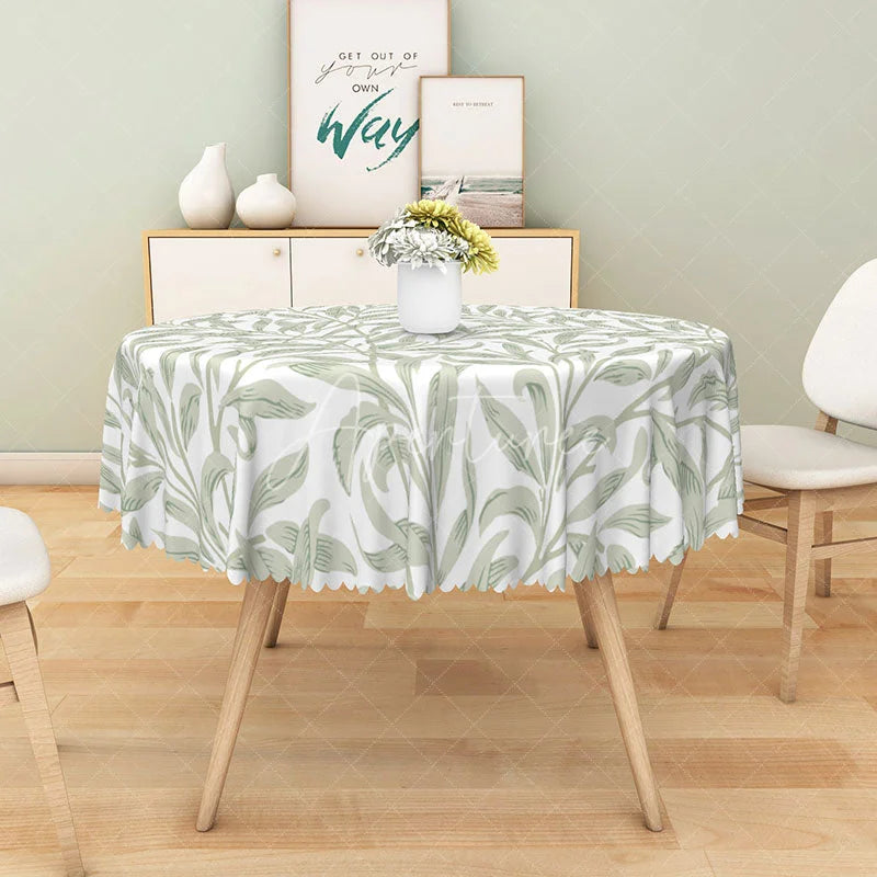 Aperturee - Aperturee Modern Farmhouse Round Tablecloth with Light Brown Leaf Stripe for Neutral Botanical Kitchen Decor